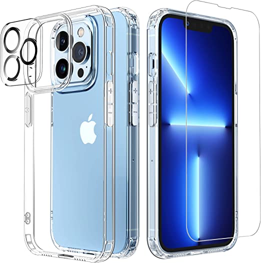 GLIMALL [3 in 1] Designed for iPhone 13 Pro Max Case 6.7 Inch, with 2 Pack Tempered Glass Screen Protector + 2 Pack Camera Lens Protector, Military Grade Drop Protection Slim Thin Clear Cover (Clear)