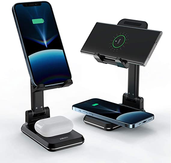 MEISO 2 in 1 Wireless Charger, Dual Wireless Charging Desk Phone Stand, 10W Qi Fast-Charging Dock for iPhone 12/11/MAX/XS/XR/X/8,AirPods/Pro,Samsung Galaxy S21/S20/S10/S9