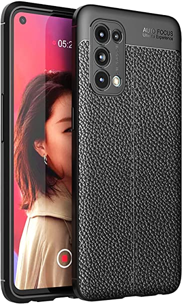 Oppo Reno 5 (4G / 5G) ، جراب خلفي بنمط جلد أصلي مقاوم للصدمات من ألياف الكربون المصقول - مقاوم للانزلاق - جراب عالي الجودة من GrabMobily - أسود
