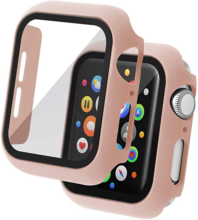 Insten Case Compatible with Apple Watch 44mm Series SE 6 5 4, Matte Hard Cover, Built in Tempered Glass Screen Protector, Full Protection, Pink