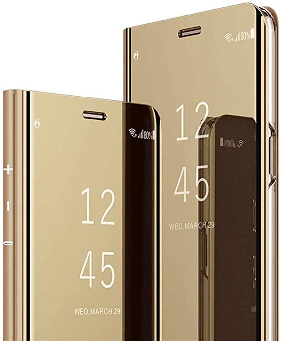 OOPKINS Samsung A52 5G case Luxury Bookstyle Clear View Window Electroplate Plating Stand Scratchproof Full Body Protective Flip Folio Ultra Slim Cover for Samsung Galaxy A52 PU Mirror:Golden MX