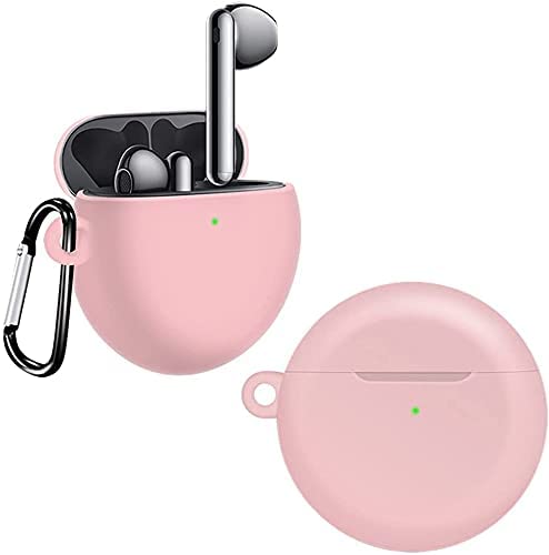 Zege Silicone Case Cover for Huawei FreeBuds 3 and 4 with Carabiner and Charging Port Accessibility anti shock, full protection (Pink, FREEBUDS 4)