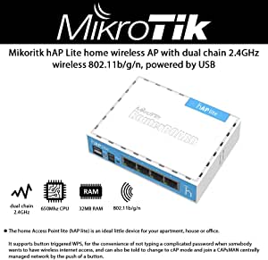 Mikrotik hAP Lite Home Wireless AP with Dual Chain 2.4GHz Wireless 802.11b/g/n Powered by USB