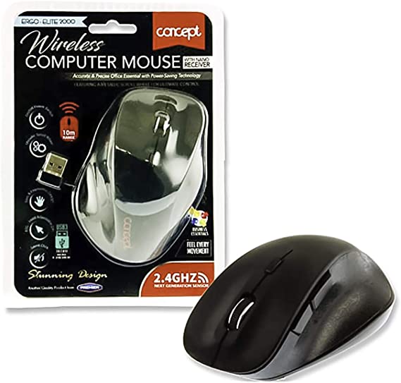 Premier Stationery Concept Ergo Elite 2000 Wireless Computer Mouse with Nano Receiver. 2.4g. 800-1200 - 1600 Adjustable Dpi. Silent Click. Black