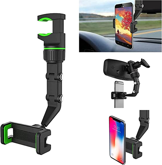 360° Rearview Mirror Phone Holder for Car Multifunctional Mount Phone and GPS Holder Universal Rotating Car Phone Holder, Can be Fixed and Adjusted Cell Phone Automobile Cradles (Green)