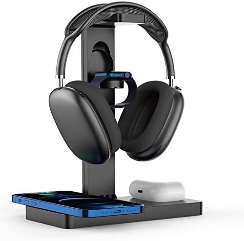 Wireless Charger with Headphone Stand Headset Stand Holder Suitable for All Headphones, 4 in 1 Fast Charging Station Dock for Apple Watch 6/5/4/3/2, Air Pods Pro/2, iPhone 12/12 Pro Max/11/XR/X/8