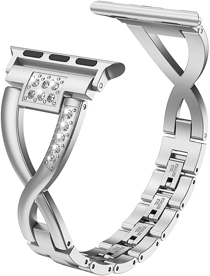 Wearlizer for Apple Watch Strap 41mm 38mm 40mm 45mm 42mm 44mm, Stainless Steel Rhinestone iWatch Strap iWatch SE Series 7 6 5 3 2 1 Band Women, No Tool Needed