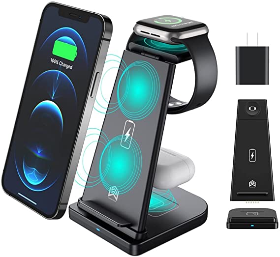 UEQ Wireless Charger 3 in 1 Fast Wireless Charging Stand Qi Certified Phones Charging Dock Station 15W Compatible with 12/12 Pro/12 Pro Max/11/11 Pro/XS/XR/X/8P AirPods,iWatch… (Black)