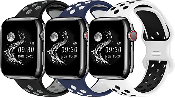 Band Compatible with Apple Watch 38mm 40mm 41mm Women Men, Silicone Sport Bands for iWatch Series SE 7 6 5 4 3 2 1 Breathable Waterproof Wristband Soft Replacement Strap by EXCHAR, Pack of 3