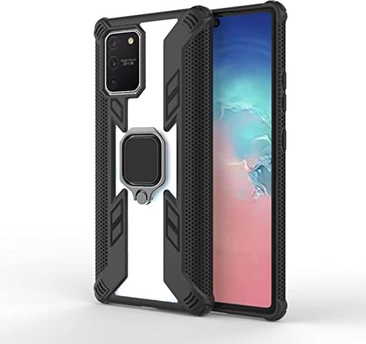 لهاتف Samsung Galaxy S10 Lite, جراب اصلي مقاوم للصدمات مع مسند للظهر حلقة من GrabologyStore - اسود و ابيض شفاف