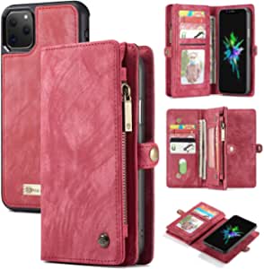 iPhone 11 Pro Max Wallet Case,AKHVRS Handmade Premium Cowhide Leather Wallet Case,Zipper Wallet Case Cover [Magnetic Closure] Detachable Magnetic Case & Card Slots for 6.5" iPhone - Red