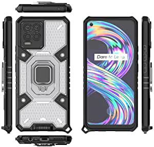 لجهاز Realme 8 Pro 4G جراب الحماية المتكامل ايرن مان ضد الصدمات ظهر شفاف خلية نحل حواف سوداء مع حلقة مسند وحبل تعليقة للموبيل