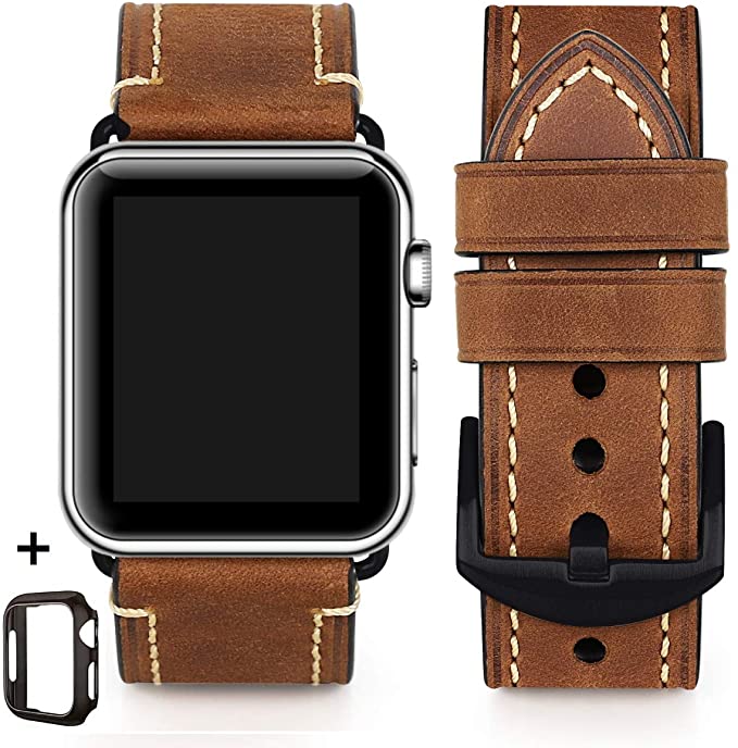 Compatible for Apple Watch Band 38mm 40mm Men,Top Grain Leather Band Replacement Strap iWatch Series 4/3/ 2/1,Sport, Edition. New Retro discoloured Leather (light brown/Black buckle, 38mm40mm)
