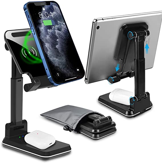 Newseego Wireless Charger Stand for Desk, 2 in 1 10W Wireless Charging Station with Protective Bag, Foldable Qi Wireless Charging Stand Compatible with iPhone 12/11 Pro/SE/X/XR/XS Max/8/8 Plus