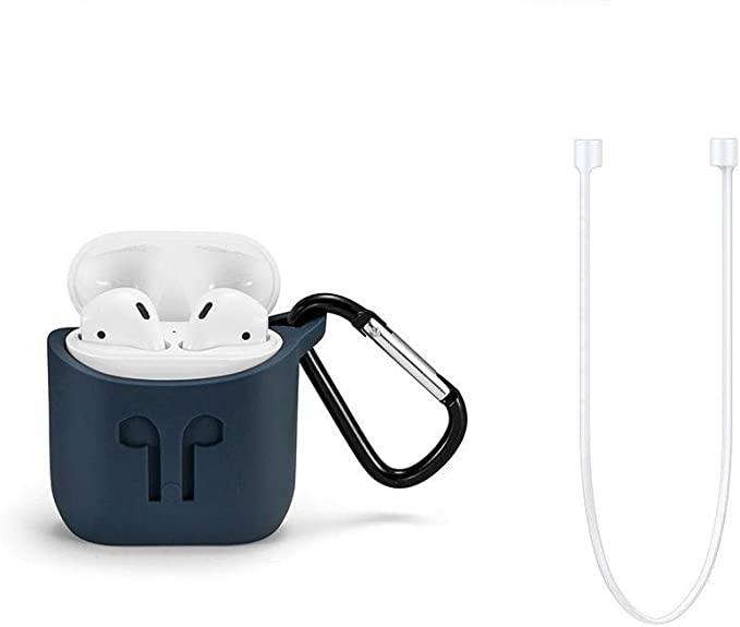 For Apple AirPod Case Protective Silicone Charging Cover Hanging Pouch Case with Lanyard - Blue