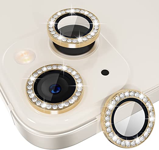 [2+1] Choiche for iPhone 13 / iPhone 13 Mini Camera Lens Protector Bling, 9H Tempered Glass Camera Cover Screen Protector Metal Ring Decoration Accessories (Diamond-Gold)