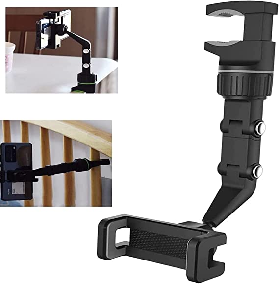 360° Rearview Mirror Smartphone Holder for Car Multifunction Mounting Mobile Phone and GPS Mount Universal Rotating Car Phone Holder for Fixing and Adjusting Mobile Phone Car Mount (Grey) (Black)