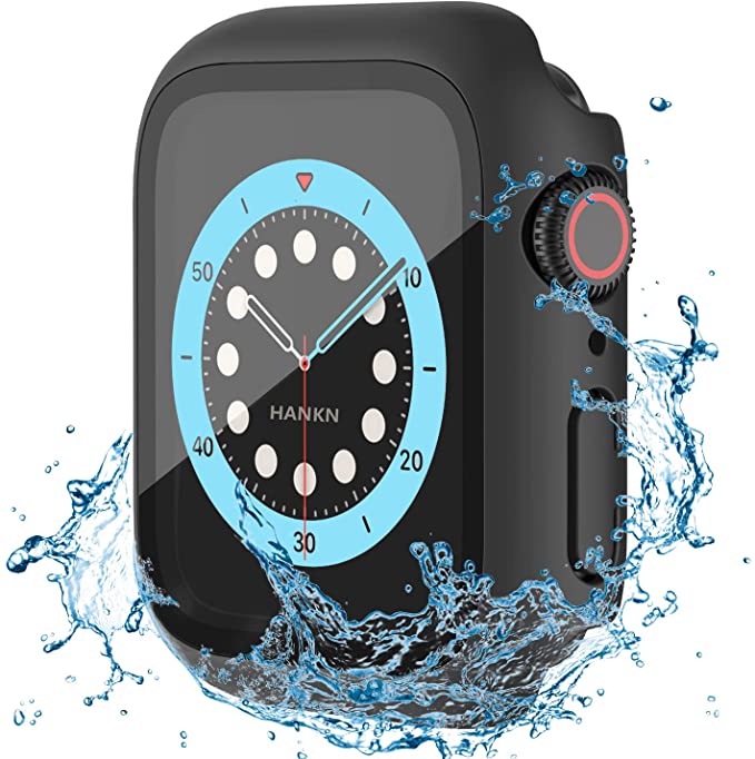 HANKN Waterproof Case Built-in [Seal Ring] Compatible with Apple Watch 44mm Series 6 Se 5 4 Tempered Glass Screen Protector Case, Matte Hard Cover Full Coverage Shockproof Iwatch Bumper (Black, 44mm)