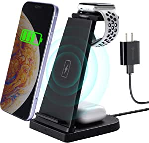 EBSTL Wireless Charger 3 in 1 Charging Station for Apple Products iPhone iWatch Fast Charging Stand Compatible for iPhone 12/11/X/Xr/Xs/8 iWatch 6/5/4/3/2/1 Airpods Pro/2 with QC 3.0 Adapter