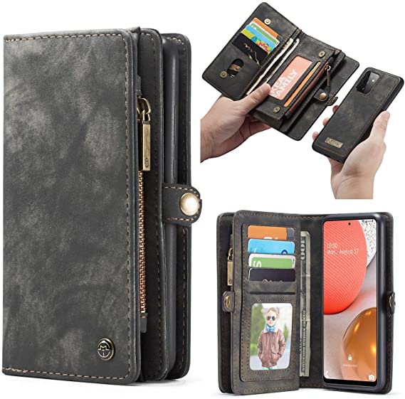 SWP Case for Samsung Galaxy A72, Wallet Case w/Magnetic Detachable Cover [11 Card Slots] Clutch Wallet w/Wristlets Money Pocket Case Compatible with Samsung Galaxy A72 5G (Black-Dark Grey)