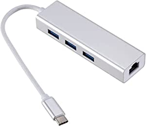 USB Type-C to USB Hub and Ethernet Rj45 LAN Adapter, 3 Ports USB3 - Silver and White