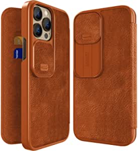 Compatible with Apple iPhone 13 Pro Case (6.1"-inch), Flip Leather Cover Card Slot with Slide Camera Cover,Slim Protective Case (Brown)