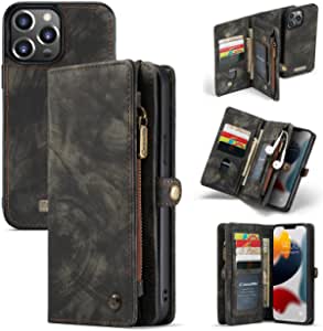 caseme Leather Flip Wallet Case for iPhone 13 Pro Max,Detachable Back Magnetic Closure 2-in-1 Shockproof Zipper Purse Cover with Card Slots (Black)