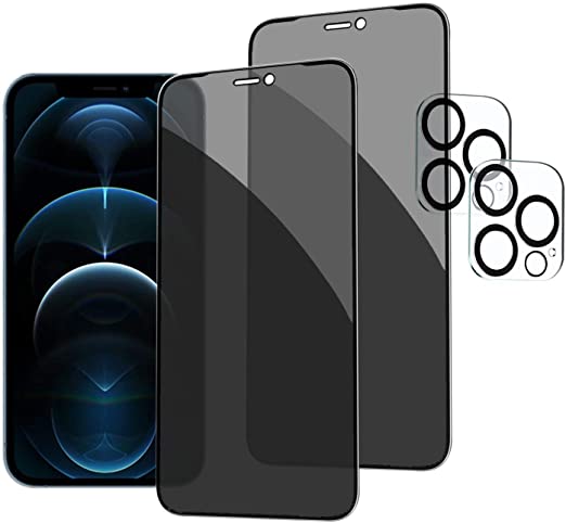 HXL [2+2Pack] iphone 12 Pro Max Privacy Screen Protector with Camera Lens Protector Full Coverage Anti-Spy Tempered Glass Film 9H Hardness Upgrade Edge Protection Easy Installation Bubble Free