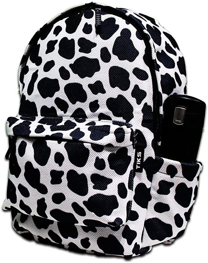 TIKS Cow Zipped 14-15 Inch Backpack With Side Pockets - Black & White