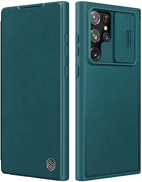Nillkin Samsung Galaxy S22 Ultra Wallet Case with Camera Cover and Card Holder, PU Leather Case Flip Cover with Slide Camera Protection for Galaxy S22 Ultra 5G 6.8'' 2022, Green