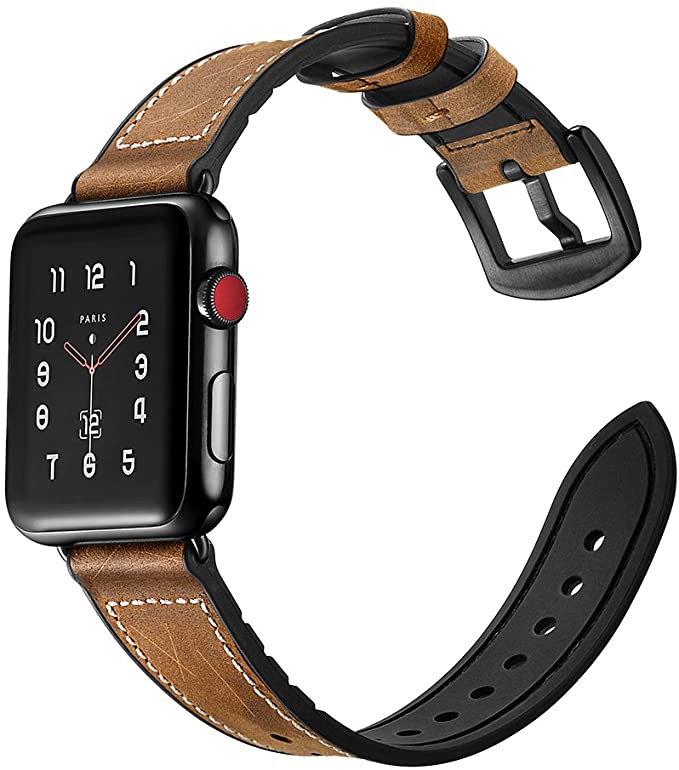 Compatible with Apple Watc Leather Band, Hybrid Leather Silicone Watch Strap Loop for Apple Smart Watch Series 4 Series 1 2 3 Edition Nike+ Cuff Bracelet Sports Band