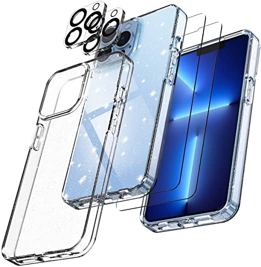 EnoYoo [3 in 1] Sparkly Glitter Clear Case Designed for iPhone 13 Pro Max, with 2 Pack Tempered Screen Protector + 2 Pack Camera Lens Protector, Shockproof Slim Thin Cover 6.7 Inch for Women