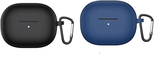 2 Pack DAYJOY Soft Silicone Protective Case Cover Compatible with Redmi Buds 3 Lite Earbuds, Protective Skin Sleeve with Carabiner (Black+Navy Blue)