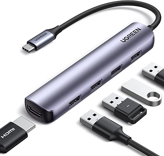 UGREEN 5-in-1 USB C Hub HDMI Multiports Adapter Ultra Slim Type C Dock with 4 USB 3.0 Ports Data Transfer 4K HDMI Compatible with M1 Macbook Pro/Air 2021/iPad Pro 2021/iPad Air 4/XPS, Galaxy S21+,etc