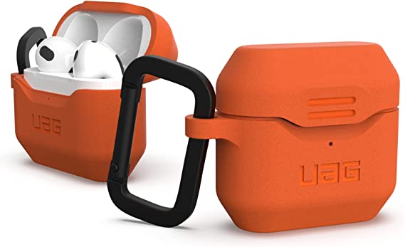 URBAN ARMOR GEAR UAG Designed for AirPods (3rd Gen, 2021) Case Full-Body Protective Soft-Touch Silicone Case with Detachable Carabiner, Standard Issue Silicone_001, Orange