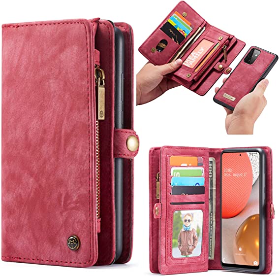 SWP Case for Samsung Galaxy A72, Wallet Case w/Magnetic Detachable Cover [11 Card Slots] Clutch Wallet w/Wristlets Money Pocket Case Compatible with Samsung Galaxy A72 5G (Red)