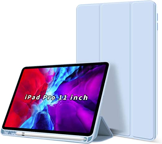 KenKe Case for iPad Pro 11 Inch 2nd Generation 2020 / 1st Gen 2018, Slim Lightweight Trifold Stand Smart Case with Pencil Holder, Auto Wake/Sleep Soft TPU Back Cover for iPad Pro 11, Sky Blue