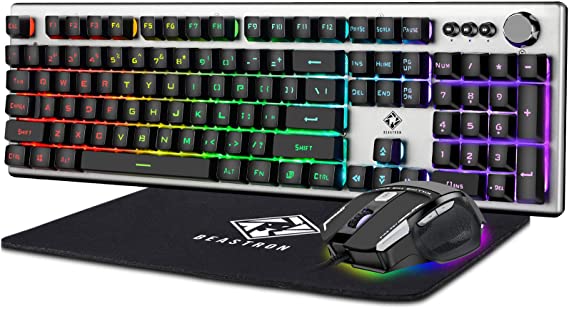 Beastron RGB Backlit Gaming Keyboard with Mouse Combo and Mouse pad, Multimedia Keyboard Knob,Mechanical Feel USB Wired Keyboard for Windows PC, Silvery White (10209)