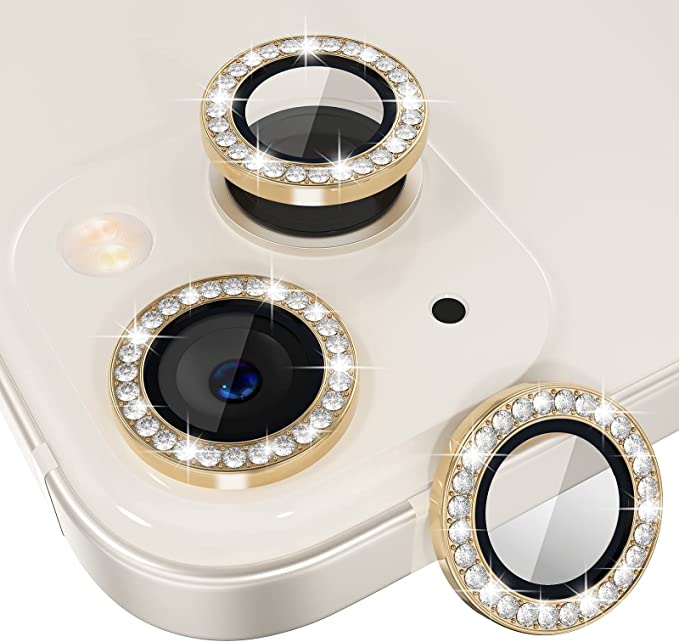 [2+1] Choiche for iPhone 13 / iPhone 13 Mini Camera Lens Protector Bling, 9H Tempered Glass Camera Cover Screen Protector Metal Ring Decoration Accessories (Diamond-Gold)