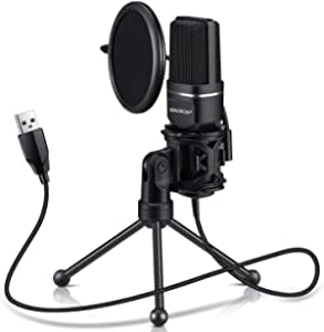 Condenser Microphone, XIAOKOA Professional USB PC Microphone for PC/Laptop Plug & Play with Double-layer Pop Filter and Tripod Stand for Studio Recording, Broadcasting and Gaming