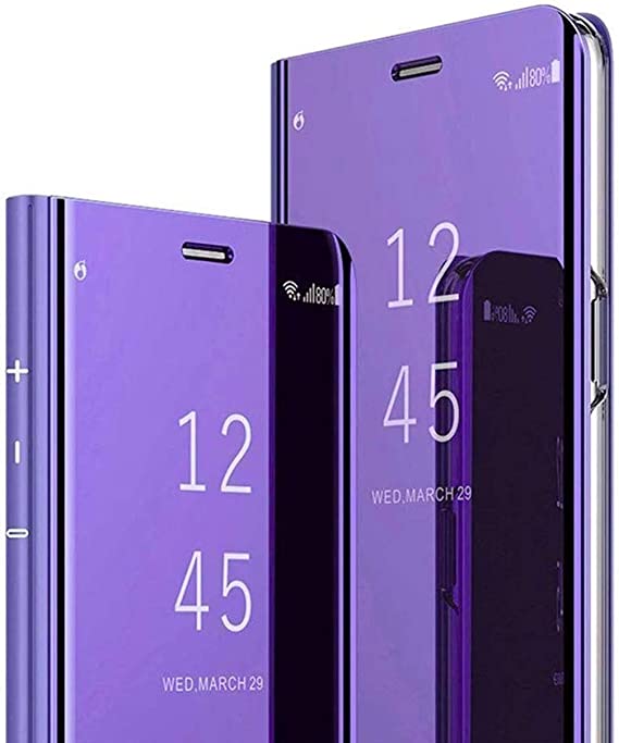 Ysnzaq for Apple iPhone 13 Mirror Phone Case, Makeup Luxury Clear View Smart Window Screen Display and Flip Kickstand Shockproof Wireless Charging Cover for Apple iPhone 13 JM Purple