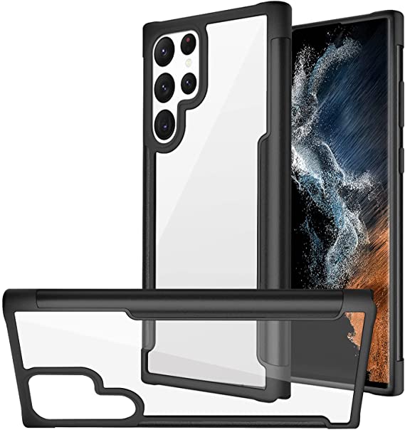 SAKUULO Clear Case for Samsung Galaxy S22 Ultra 5G Heavy Duty Shockproof Protection Slim Anti-Scratch Hard Wireless Charging Cover Designed for Samsung Galaxy S22 Ultra 6.8 Inch - Black