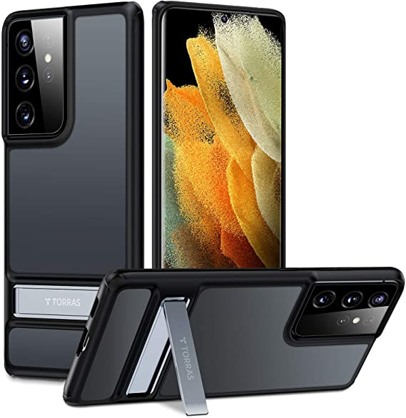 TORRAS MarsClimber Designed for Samsung Galaxy S21 Ultra Case 6.8 Inch, [3 Stand Ways] [Military Grade Drop d] Translucent Matte Back & Soft Edge Phone case with Metal Kickstand, Mystic Black