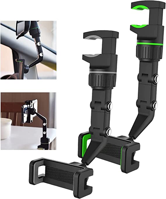 360°Rearview Mirror Phone Holder for Car,Multifunctional Phone Mount and GPS Holder Universal Adjustable Rotating Car Phone Holder(2Pcs Green&Gray)