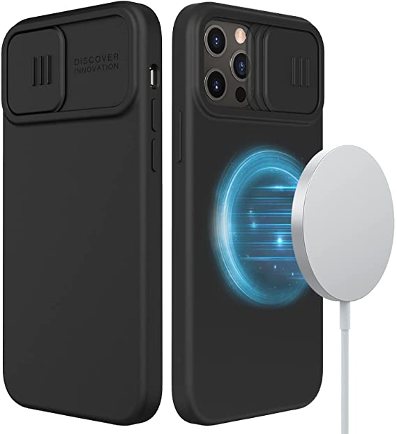 Nillkin Magnetic Silicone Case for iPhone 12/12 Pro with Mag-Safe Charging [Support Magsafe Charger] Liquid Silicone Case with Slide Camera Cover - Black