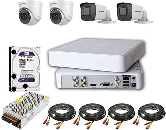 Hikvision Complete System 2 Megapixels 4 Surveillance Cameras with DVR Recorder, Full HD, and 1TB Hard Disk with Adapters and Wires