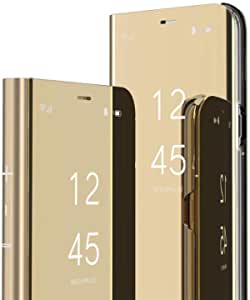 QIVSTARS Case for Samsung Galaxy J4 2018 Cool Style Clear View Window Electroplate Plating Stand Scratchproof Full Body Protective Flip Ultra Slim Cover for Samsung Galaxy J4 2018 PU Mirror:Golden QH