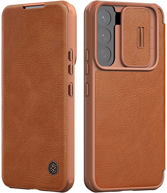 Nillkin for Samsung Galaxy S22 Plus Case with Camera Cover and Card Holder, PU Leather Case with Flip Cover and Slide Camera Protection, Durable Shockproof Cover - Brown