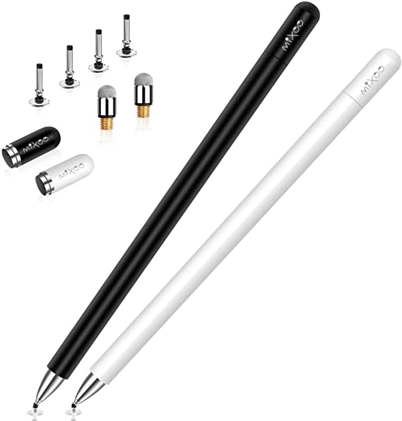 Stylus Pens for iPad - Mixoo High Sensitivity Disc & Fiber Tip 2 in 1 Universal Stylus with Magnetic Cap for iPad, iPhone, Android, Microsoft Tablets and Other Capacitive Touch Screens (Black/White)