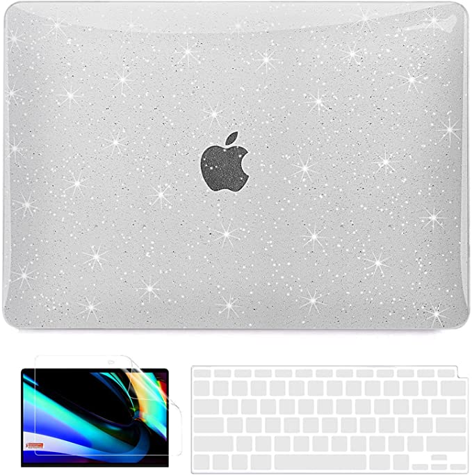 B BELK MacBook Air 13 Inch Case 2021 2020 2019 2018 Release A2337 M1 A2179 A1932, MacBook Air Case Touch ID, Glitter Plastic Hard Shell Case with Keyboard Cover + Screen Protector, Sparkly Transparent